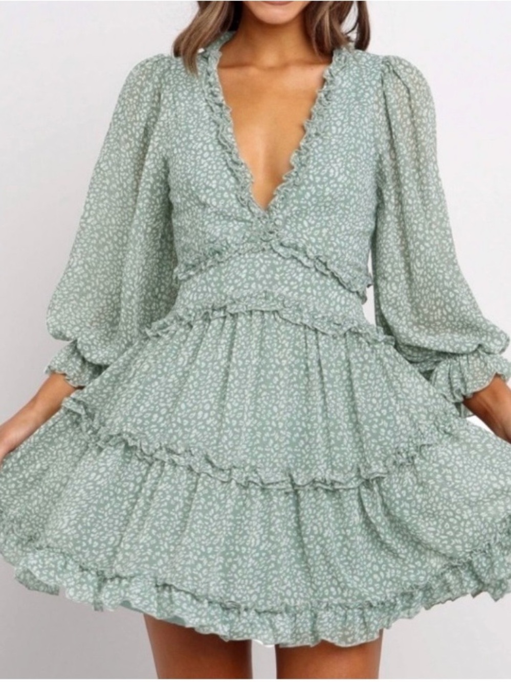 #564 Very Sexy Long Sleeve Ruffle Tiered Mini Dress in Sage Green with open back - Picture 3 of 13